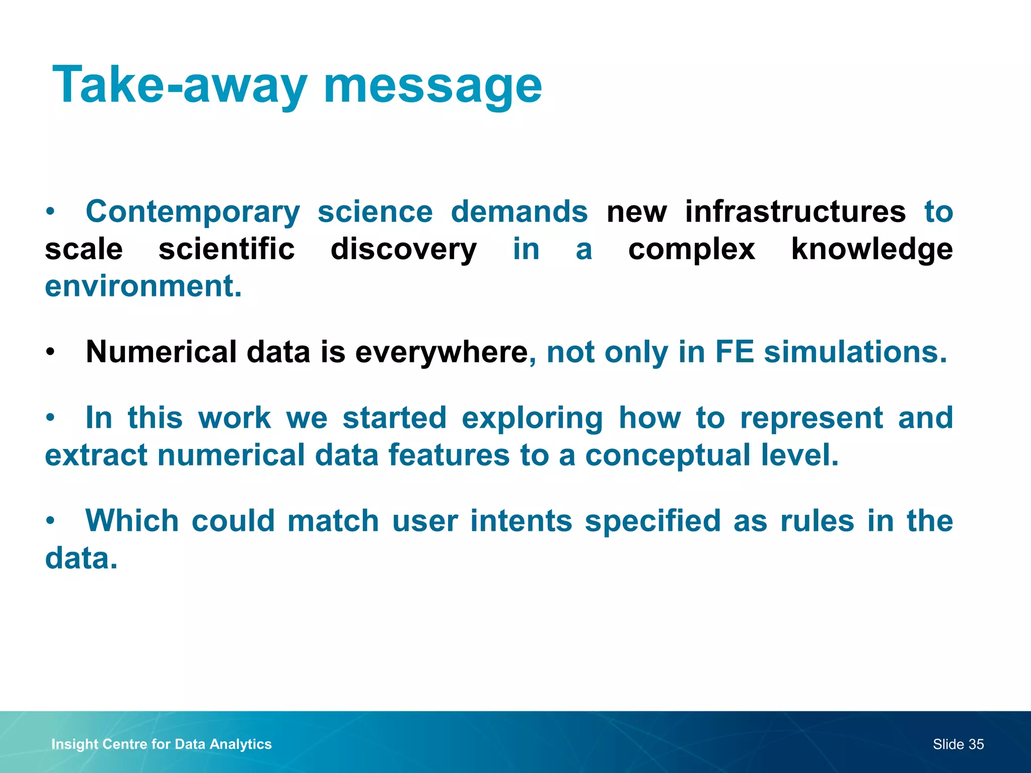 Take-away message 
•Contemporary science demands new infrastructures to scale scientific discovery in a complex knowledge environment. 
•Numerical data is everywhere, not only in FE simulations. 
•In this work we started exploring how to represent and extract numerical data features to a conceptual level. 
•Which could match user intents specified as rules in the data. 
Insight Centre for Data Analytics 
Slide 35  