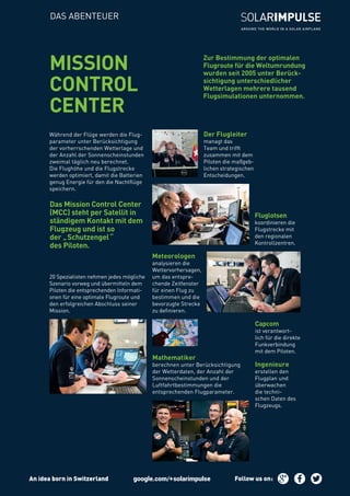 DAS ABENTEUER
Das Mission Control Center
(MCC) steht per Satellit in
ständigem Kontakt mit dem
Flugzeug und ist so
der „ Schutzengel “
des Piloten.
Zur Bestimmung der optimalen
Flugroute für die Weltumrundung
wurden seit 2005 unter Berück-
sichtigung unterschiedlicher
Wetterlagen mehrere tausend
Flugsimulationen unternommen.
Während der Flüge werden die Flug-
parameter unter Berücksichtigung
der vorherrschenden Wetterlage und
der Anzahl der Sonnenscheinstunden
zweimal täglich neu berechnet.
Die Flughöhe und die Flugstrecke
werden optimiert, damit die Batterien
genug Energie für den die Nachtflüge
speichern.
Mathematiker
berechnen unter Berücksichtigung
der Wetterdaten, der Anzahl der
Sonnenscheinstunden und der
Luftfahrtbestimmungen die
entsprechenden Flugparameter.
MISSION
CONTROL
CENTER
20 Spezialisten nehmen jedes mögliche
Szenario vorweg und übermitteln dem
Piloten die entsprechenden Informati-
onen für eine optimale Flugroute und
den erfolgreichen Abschluss seiner
Mission.
Capcom
ist verantwort-
lich für die direkte
Funkverbindung
mit dem Piloten.
Ingenieure
erstellen den
Flugplan und
überwachen
die techni-
schen Daten des
Flugzeugs.
Fluglotsen
koordinieren die
Flugstrecke mit
den regionalen
Kontrollzentren.
Meteorologen
analysieren die
Wettervorhersagen,
um das entspre-
chende Zeitfenster
für einen Flug zu
bestimmen und die
bevorzugte Strecke
zu definieren.
An idea born in Switzerland Follow us on :
Der Flugleiter
managt das
Team und trifft
zusammen mit dem
Piloten die maßgeb-
lichen strategischen
Entscheidungen.
 