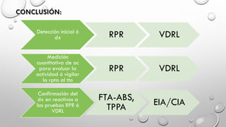 Detección inicial ó
dx RPR VDRL
Medición
cuantitativa de ac
para evaluar la
actividad ó vigilar
la rpta al tto
RPR VDRL
Confirmación del
dx en reactivos a
las pruebas RPR ó
VDRL
FTA-ABS,
TPPA EIA/CIA
 