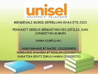 MENGENALI MURID KEPERLUAN KHAS ETD 2323
PENYAKIT SERIUS BERKAITAN HIV,SIFILIS, DAN
JANGKITAN KUMAN
NAMA KUMPULAN :
NUR FARHANI BT NAZRI (3122000851)
NORDAINI SHAHIRA BT ROSLAN (3122003731)
NURATIKA BINTI IDRUS HAMKA (3122001711)

 