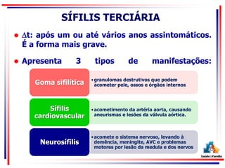 SÍFILIS TERCIÁRIA
 t: após um ou até vários anos assintomáticos.
É a forma mais grave.
 Apresenta 3 tipos de manifestações:
•granulomas destrutivos que podem
acometer pele, ossos e órgãos internosGoma sifilítica
•acometimento da artéria aorta, causando
aneurismas e lesões da válvula aórtica.
Sífilis
cardiovascular
•acomete o sistema nervoso, levando à
demência, meningite, AVC e problemas
motores por lesão da medula e dos nervos
Neurosífilis
 