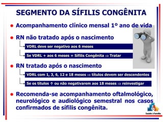 Se VDRL + aos 6 meses = Sífilis Congênita  Tratar
VDRL deve ser negativo aos 6 meses
SEGMENTO DA SÍFILIS CONGÊNITA
VDRL com 1, 3, 6, 12 e 18 meses  títulos devem ser descendentes
Se os títulos ↑ ou não negativarem aos 18 meses  reinvestigar
 Acompanhamento clínico mensal 1º ano de vida
 RN não tratado após o nascimento
 RN tratado após o nascimento
 Recomenda-se acompanhamento oftalmológico,
neurológico e audiológico semestral nos casos
confirmados de sífilis congênita.
 