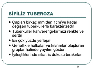 SİFİLİZ TUBEROZA Çapları birkaç mm.den 1cm’ye kadar değişen tüberküllerle karakterizedir Tüberküller kahverengi-kırmızı renkte ve serttir En çok yüzde yerleşir Genellikle halkalar ve kıvrımlar oluşturan gruplar halinde yayılım gösterir İyileştiklerinde sikatris dokusu bırakırlar 