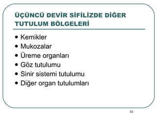 ÜÇÜNCÜ DEVİR SİFİLİZDE DİĞER TUTULUM BÖLGELERİ Kemikler Mukozalar Üreme organları Göz tutulumu Sinir sistemi tutulumu Diğer organ tutulumları 