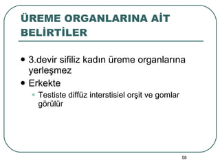ÜREME ORGANLARINA AİT BELİRTİLER 3.devir sifiliz kadın üreme organlarına yerleşmez Erkekte Testiste diffüz interstisiel orşit ve gomlar görülür 
