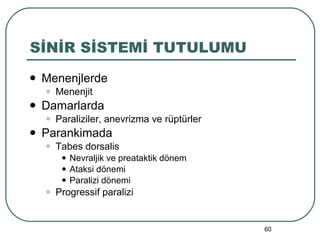 SİNİR SİSTEMİ TUTULUMU Menenjlerde Menenjit Damarlarda Paraliziler, anevrizma ve rüptürler Parankimada Tabes dorsalis Nevraljik ve preataktik dönem Ataksi dönemi Paralizi dönemi Progressif paralizi 