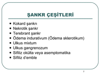 ŞANKR ÇEŞİTLERİ Kokard şankrı Nekrotik şankr Terebrant şankr Ödema indurativum (Ödema sklerotikum) Ulkus mixtum Ulkus gangrenozum Sifiliz okülta veya asemptomatika Sifiliz d’emble 
