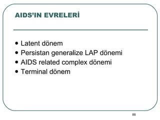 AIDS’IN EVRELERİ Latent dönem Persistan generalize LAP dönemi AIDS related complex dönemi Terminal dönem 