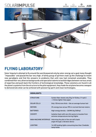FLYING LABORATORY
Solar Impulse’s attempt to fly around the world powered only by solar energy set a goal many thought
“impossible” and placed the bar very high. A family group of partners took up the challenge to invent
new paradigms and find the answers to problems that until now had remained unsolvable. They
combined their very diverse backgrounds and specialist talents to build bridges between various areas
of expertise and push back the frontiers of technological knowledge. These solutions are found in all
the plane’s systems from the structure to the pilot equipment, they made the airplane become a weapon
to demonstrate what can be achieved with pioneering spirit and clean technologies.
HIGHLIGHTS
STRUCTURE Carbon fiber sheets only 25 g / m² (0.8 oz. /11 sq ft.)
– 3 times lighter than paper
SOLAR CELLS Only 135 microns thick – like an average human hair
MOTORS 3% energy loss versus 70% in normal thermal motors
BATTERIES High energy density – 260 Wh /kg (348 hp)
COCKPIT Isolation foam with very thin pores to insulate from
extreme temperatures during flights
MAN-MACHINE INTERFACE Informing the pilot of the aircraft’s bank
angle through a vibration device
LIGHTING 16 LED landing lights consuming less than 2 bedside
lamp-bulbs
1
 