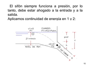 El sifón siempre funciona a presión, por lo tanto, debe estar ahogado a la entrada y a la salida.  Aplicamos continuidad de energía en 1 y 2:  