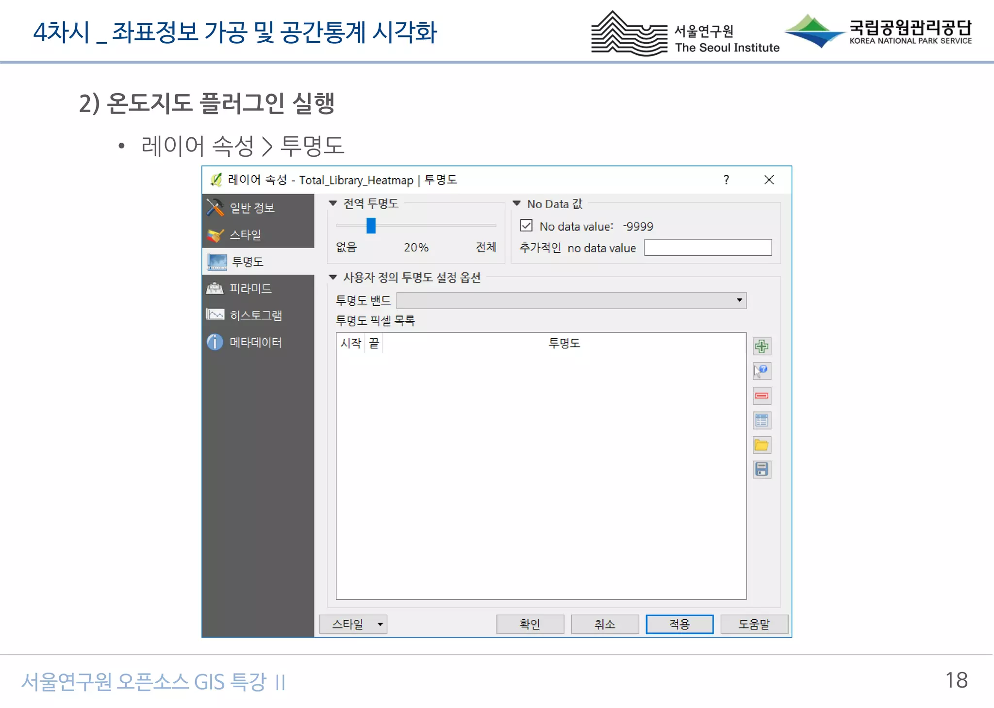4차시 _ 좌표정보 가공 및 공간통계 시각화
18서울연구원 오픈소스 GIS 특강 Ⅱ
2) 온도지도 플러그인 실행
• 레이어 속성 > 투명도
 
