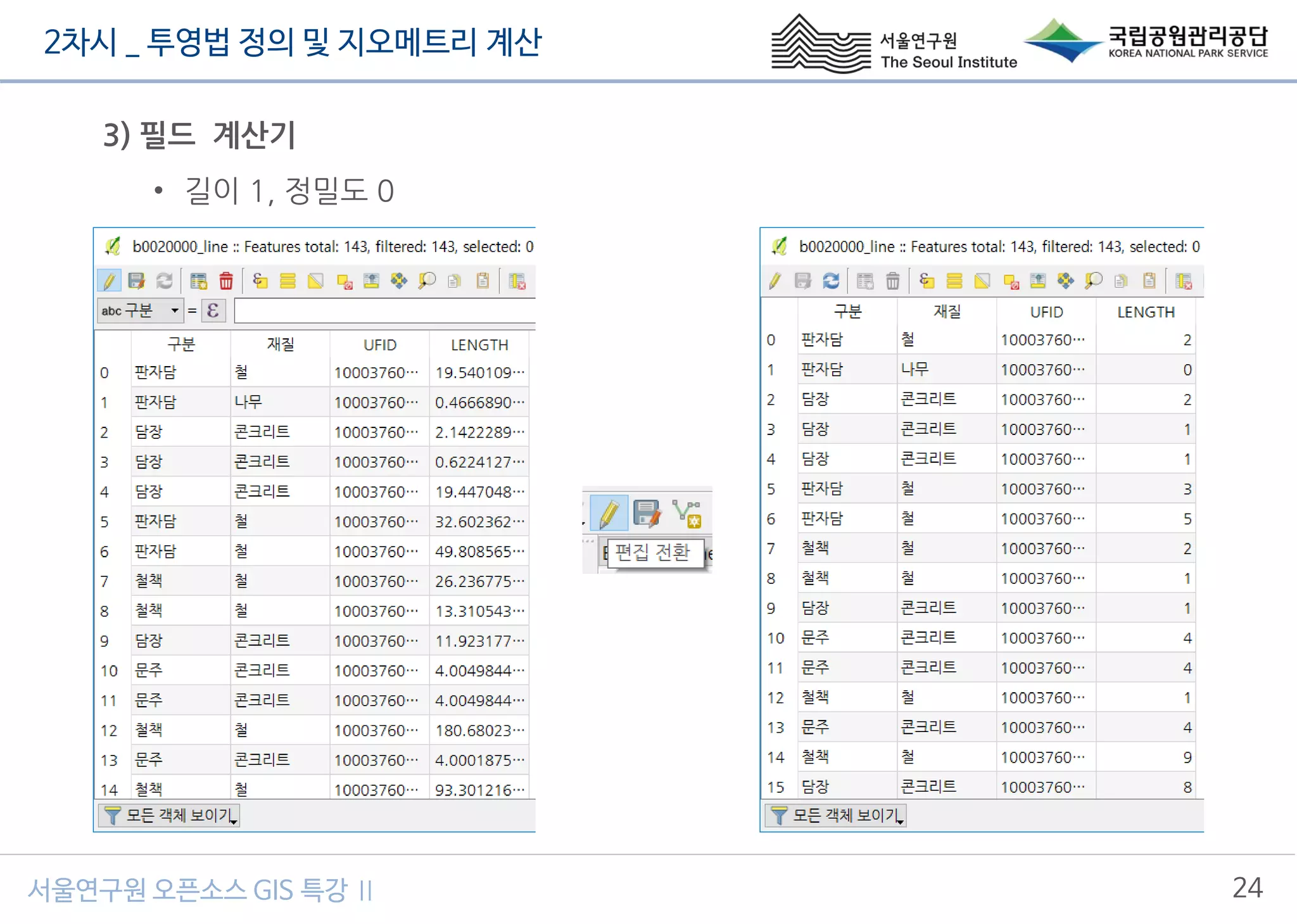 2차시 _ 투영법 정의 및 지오메트리 계산
24서울연구원 오픈소스 GIS 특강 Ⅱ
3) 필드 계산기
• 길이 1, 정밀도 0
 