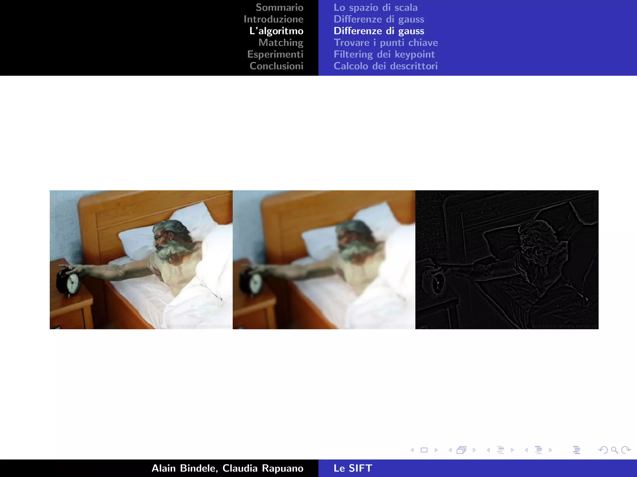 Sommario
Introduzione
L’algoritmo
Matching
Esperimenti
Conclusioni
Lo spazio di scala
Diﬀerenze di gauss
Diﬀerenze di gauss
Trovare i punti chiave
Filtering dei keypoint
Calcolo dei descrittori
Alain Bindele, Claudia Rapuano Le SIFT
 