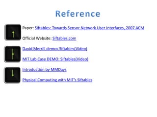 ReferencePaper: Siftables: Towards Sensor Network User Interfaces, 2007 ACMOfficial Website: Siftables.comDavid Merrill demos Siftables(Video)MIT Lab Case DEMO: Siftables(Video)Introduction by MMDaysPhysical Computing with MIT’s Siftables