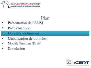 Plan
• Problématique
• Données: définitions
• Classification de données
• Modèle Tunisien (Draft)
• Conclusion
10
• Présentation de l’ANSI
Tunisian Computer Emergency Response Team
 