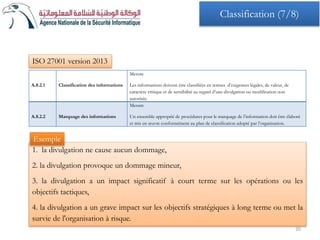 A.8.2.1 Classification des informations
Mesure
Les informations doivent être classifiées en termes d’exigences légales, de valeur, de
caractère critique et de sensibilité au regard d’une divulgation ou modification non
autorisée.
A.8.2.2 Marquage des informations
Mesure
Un ensemble approprié de procédures pour le marquage de l’information doit être élaboré
et mis en œuvre conformément au plan de classification adopté par l’organisation.
ISO 27001 version 2013
1. la divulgation ne cause aucun dommage,
2. la divulgation provoque un dommage mineur,
3. la divulgation a un impact significatif à court terme sur les opérations ou les
objectifs tactiques,
4. la divulgation a un grave impact sur les objectifs stratégiques à long terme ou met la
survie de l'organisation à risque.
Exemple
20
Classification (7/8)
 