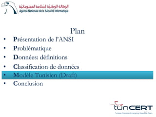 Plan
• Problématique
• Données: définitions
• Classification de données
• Modèle Tunisien (Draft)
• Conclusion
22
• Présentation de l’ANSI
Tunisian Computer Emergency Response Team
 