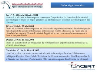Décret 1249 du 25 Mai 2004
fixant les conditions et les procédures de certification des experts dans le domaine de la
sécurité informatique.
Cadre réglementaire
Tunisian Computer Emergency Response Team
6
Loi n° 5 - 2004 du 3 février 2004
relative à la sécurité informatique et portant sur l'organisation du domaine de la sécurité
informatique et fixant les règles générales de protection des systèmes informatiques et des
réseaux.
Décret 1250 du 25 Mai 2004
fixant les systèmes informatiques et les réseaux des organismes soumis à l'audit obligatoire
périodique de la sécurité informatique et les critères relatifs à la nature de l'audit et a sa
périodicité et aux procédures de suivi de l'application des recommandations contenues
dans le rapport d'audit.
Circulaire n° 19 - du 11 avril 2007
relatif au renforcement des mesures de sécurité informatique dans les établissements
publiques (Création d'une Cellule Technique de Sécurité, nomination d'un Responsable de
la Sécurité des Systèmes d'Information RSSI ; et mise en place d'un Comité de pilotage).
 