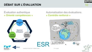 DÉBAT SUR L’ÉVALUATION
Évaluation authentique
« Orienté compétences »
Automatisation des évaluations
« Contrôle renforcé »...