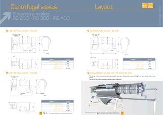 22 23
I I
I
www.palamaticprocess.com/powder-machine/sieve-machine/centrifugal-screener
Downloadable videos & plans on our websitePlans téléchargeables sur www.palamaticprocess.fr
EXISTE
SUR
MESURE
3 standard models:
RS 200 - RS 300 - RS 400
I
Centrifugal sieves
336
DN 300
944
654
Ø 320
Ø 220
1530
DN 200
Ø 320
Ø 220
1696
350
DN 300
DN 300
1034
659
362
DN 300
1034
666
Ø 320
Ø 220
1708
DN 300
The design of the machine has been developped for a quick and assisted disassembling for an easy access to the sieve
screen.
The unit of the guiding integrated allows a daily inspection.
Models RS 200
Ø of the mesh in mm. 200
High in mm.
Models RS 300
Ø of the mesh in mm. 300
High in mm.
270
Models
Ø of the mesh in mm.
High in mm.
CentrifugalSieves
Layout
 