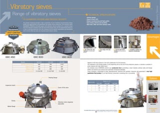 04
Advantages
F Tool-free quick release
clamping
assembly
I
Sanitary design
Clean In Place (CIP)
Robust manufacturing and high quality
Save money solution and durability
Mild steel, 304L and 316L stainless steel
EXISTE
SUR
MESURE
05
The powder screening provides a high a protection of your machines by eliminating foreign
bodies and agglomerates and guarantees the quality of your production. The vibratory sieves
from the materials reception untill the end of the process They can be implemented easily on
a new or existing production line. Our screeners can be cleaned, assemblied and dismantled
F No retention area, easy
cleaning for a minimal main
tenance
F Easy change of the mesh
screen
F Possibility to implant it on
pneumatic conveying pipe
Ultrasonic system
Multi-plane
Options
See all the options
in pages
14 - 15
Vibratory sieves
Range of vibratory sieves
adjustable
Clamp
Cover of the sieve
Inspection hatch
www.palamaticprocess.com/powder-machine/sieve-machine/vibratory-screener
Downloadable videos & plans on our website
Hygiene of the final products is the main problematic for the processes.
The treatment of the foreign bodies, at the beginning and at the end of the production process, is become a standard in
every industry with high added value.
production line by providing a clean material, without clods and foreign
bodies and protects your process from potentials mechanical damages.
These screeners is destinated to food, pharmaceutical, chemical and synthetic industries and guarantees a very high
qualitative final product. It can feed directly a pneumatic conveying line or use gravity.
Ø of the mesh in mm. 730
Heigh in mm.
200
Size in mm.
Rates in t./h.*
1 0,7
2 2
4 8 20
VibratorySieves
 