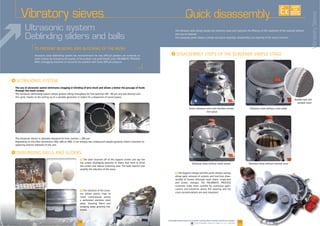 08 09
I
I
I
www.palamaticprocess.com/powder-machine/sieve-machine/vibratory-screener
Downloadable videos & plans on our website
EXISTE
SUR
MESURE
Ultrasonic system
Deblinding sliders and balls
Quick disassemblyVibratory sieves
welded mesh
The vibratory sieve design avoids any retention areas and improves the effiiency of the treatment of the material without
any loss of material.
The clamping sysem allows a simple and quick assembly, disassembly and cleaning of the entire machine.
The use of ultrasonic option eliminates clogging or blinding of wire mesh and allows a better the passage of fluids
through the mesh screen.
thin grids, thanks to the setting up of a variable generator or sliders for a dispersion of sound waves.
F The vibration of the scree
ner allows plastic rings to
move continuously across
a perforated stainless steel
plate, shearing fibers and
scraping away grummy ma
terials.
tion spout
opposing exterior sidewalls of the unit.
offers unclogging solutions to oversome the problem with those difficult products.
F The balls bounces off of the support screen and tap the
top screen dislodging particles or fibers that tend to blind
the screen and reduce screening area. The balls bounce and
amplify the vibration of the sieve.
F
sembly of frames thorough wash down, inspection
screeners make them suitable for numerous appli
cations and industries where the cleaning and the
cross contaminations are very important.
r
e 09
VibratorySieves
 