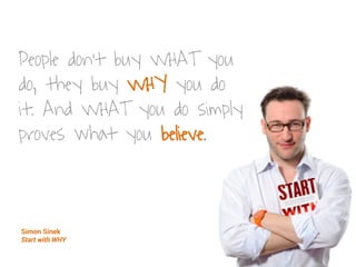 People don’t buy WHAT you
do, they buy WHY you do
it. And WHAT you do simply
proves what you believe.
Simon Sinek
Start with WHY
 