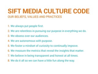 1. We always put people first.
2. We are relentless in pursuing our purpose in everything we do.
3. We obsess over our audiences.
4. We are autonomous with purpose.
5. We foster a mindset of curiosity to continually improve.
6. We measure the metrics that reveal the insights that matter.
7. We believe in being transparent and honest at all times.
8. We do it all so we can have a little fun along the way.
SIFT MEDIA CULTURE CODE
OUR BELIEFS, VALUES AND PRACTICES
 