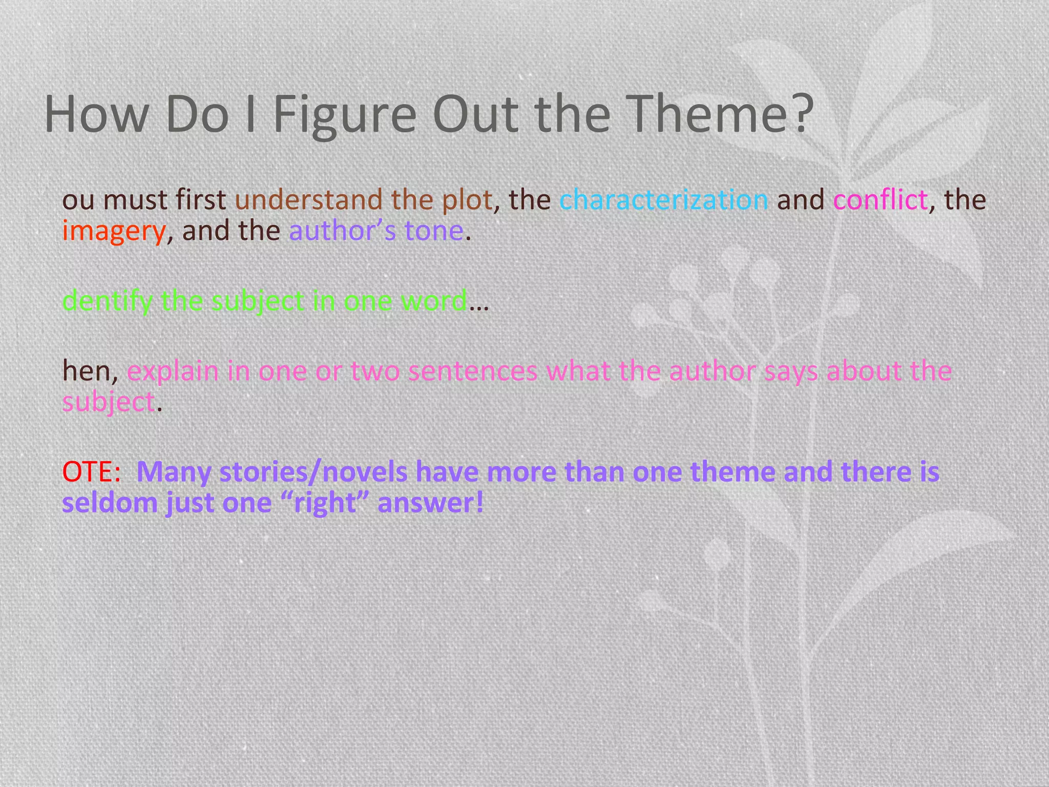 How Do I Figure Out the Theme?
ou must first understand the plot, the characterization and conflict, the
imagery, and the author’s tone.
dentify the subject in one word…
hen, explain in one or two sentences what the author says about the
subject.
OTE: Many stories/novels have more than one theme and there is
seldom just one “right” answer!
 