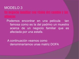MODELO 3
Un negocio familiar con visión del cambio y las
alianzas
 Podemos encontrar en una película tan
   famosa como es la del padrino un muestra
   acerca de un negocio familiar que es
   afectada por una estafa.

  A continuación veamos como
    denominaríamos unas matriz DOFA
 