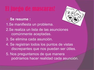 El juego de mascaras!
  Se resume :
1.Se manifiesta un problema.
2.Se realiza un lista de las asunciones
    comúnmente aceptadas.
3. Se elimina cada asunción.
4. Se registran todos los puntos de vistas
    discrepantes que nos puedan ser útiles.
5. Nos preguntamos de que manera
    podríamos hacer realidad cada asunción.
 
