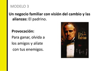 MODELO 3
Un negocio familiar con visión del cambio y las
 alianzas: El padrino.

 Provocación:
 Para ganar, olvida a
 los amigos y alíate
  con tus enemigos.
 