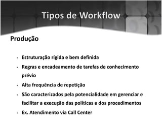 Produção
• Estruturação rígida e bem definida
• Regras e encadeamento de tarefas de conhecimento
prévio
• Alta frequência de repetição
• São caracterizados pela potencialidade em gerenciar e
facilitar a execução das políticas e dos procedimentos
• Ex. Atendimento via Call Center
 