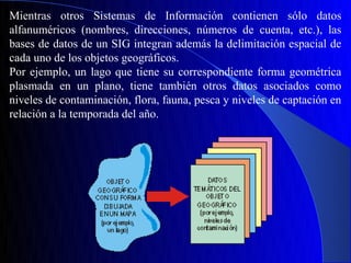 Mientras otros Sistemas de Información contienen sólo datos
alfanuméricos (nombres, direcciones, números de cuenta, etc.), las
bases de datos de un SIG integran además la delimitación espacial de
cada uno de los objetos geográficos.
Por ejemplo, un lago que tiene su correspondiente forma geométrica
plasmada en un plano, tiene también otros datos asociados como
niveles de contaminación, flora, fauna, pesca y niveles de captación en
relación a la temporada del año.
 