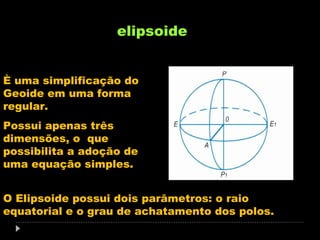elipsoide
È uma simplificação do
Geoide em uma forma
regular.
Possui apenas três
dimensões, o que
possibilita a adoção de
uma equação simples.
O Elipsoide possui dois parâmetros: o raio
equatorial e o grau de achatamento dos polos.

 