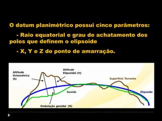 O datum planimétrico possui cinco parâmetros:
- Raio equatorial e grau de achatamento dos
polos que definem o elipsoide
- X, Y e Z do ponto de amarração.

 