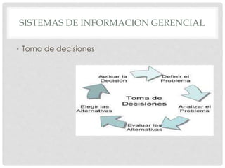 SISTEMAS DE INFORMACION GERENCIAL 
• Toma de decisiones 
 