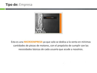 Esta es una MICROEMPRESA ya que solo se dedica a la venta en mínimas
cantidades de piezas de motores, con el propósito de cumplir con las
necesidades básicas de cada usuario que acude a nosotros.
Tipo de: Empresa
Repuestos Dana
 