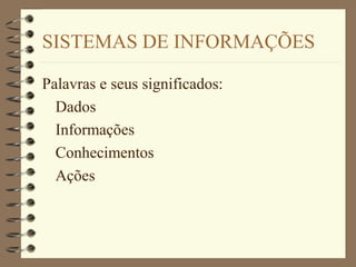 SISTEMAS DE INFORMAÇÕES
Palavras e seus significados:
Dados
Informações
Conhecimentos
Ações
 