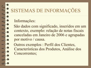 SISTEMAS DE INFORMAÇÕES
Informações:
São dados com significado, inseridos em um
contexto, exemplo: relação de notas fiscais
canceladas em Janeiro de 2006 e agrupadas
por motivo / causa.
Outros exemplos : Perfil dos Clientes,
Características dos Produtos, Análise dos
Concorrentes;
 