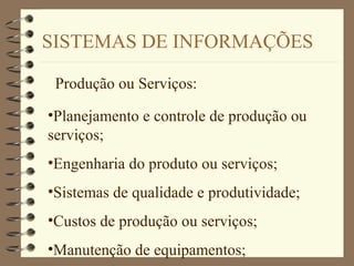 SISTEMAS DE INFORMAÇÕES
Produção ou Serviços:
•Planejamento e controle de produção ou
serviços;
•Engenharia do produto ou serviços;
•Sistemas de qualidade e produtividade;
•Custos de produção ou serviços;
•Manutenção de equipamentos;
 