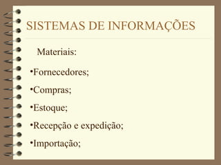 SISTEMAS DE INFORMAÇÕES
Materiais:
•Fornecedores;
•Compras;
•Estoque;
•Recepção e expedição;
•Importação;
 