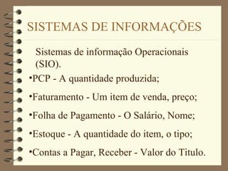 SISTEMAS DE INFORMAÇÕES
Sistemas de informação Operacionais
(SIO).
•PCP - A quantidade produzida;
•Faturamento - Um item de venda, preço;
•Folha de Pagamento - O Salário, Nome;
•Estoque - A quantidade do item, o tipo;
•Contas a Pagar, Receber - Valor do Titulo.
 