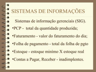 SISTEMAS DE INFORMAÇÕES
Sistemas de informação gerenciais (SIG).
•PCP - total da quantidade produzida;
•Faturamento - valor do faturamento do dia;
•Folha de pagamento - total da folha de pgto
•Estoque - estoque minímo X estoque real
•Contas a Pagar, Receber - inadimplentes.
 