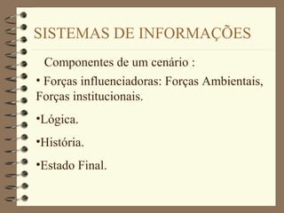 SISTEMAS DE INFORMAÇÕES
Componentes de um cenário :
• Forças influenciadoras: Forças Ambientais,
Forças institucionais.
•Lógica.
•História.
•Estado Final.
 