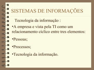 SISTEMAS DE INFORMAÇÕES
Tecnologia da informação :
•A empresa e vista pela TI como um
relacionamento cíclico entre tres elementos:
•Pessoas;
•Processos;
•Tecnologia da informação.
 