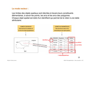 Le mode vecteur :
Les limites des objets spatiaux sont décrites à travers leurs constituants
élémentaires, à savoir les points, les arcs et les arcs des polygones.
Chaque objet spatial est doté d'un identifiant qui permet de le relier à une table
attributaire.
attribut
champ
Identifiant
1 objet géographique
22
DEUST Revégétalisation - 2ème semestre - UE 7Myriam Vendé-Leclerc
 