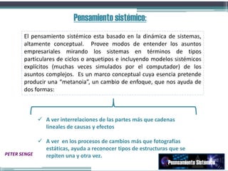 El pensamiento sistémico esta basado en la dinámica de sistemas,
altamente conceptual. Provee modos de entender los asuntos
empresariales mirando los sistemas en términos de tipos
particulares de ciclos o arquetipos e incluyendo modelos sistémicos
explícitos (muchas veces simulados por el computador) de los
asuntos complejos. Es un marco conceptual cuya esencia pretende
producir una “metanoia”, un cambio de enfoque, que nos ayuda de
dos formas:
 A ver interrelaciones de las partes más que cadenas
lineales de causas y efectos
 A ver en los procesos de cambios más que fotografías
estáticas, ayuda a reconocer tipos de estructuras que se
repiten una y otra vez.PETER SENGE
Pensamiento sistémico:
Pesnsamiento Sistémico
 