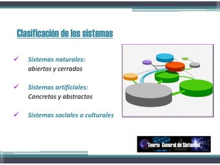  Sistemas naturales:
abiertos y cerrados
 Sistemas artificiales:
Concretos y abstractos
 Sistemas sociales o culturales
Clasificación de los sistemas
Teoría General de Sistemas
 