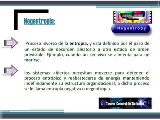 Proceso inverso de la entropía, y esta definido por el paso de
un estado de desorden aleatorio a otro estado de orden
previsible. Ejemplo, cuando un ser vivo se alimenta para no
morirse.
los sistemas abiertos necesitan moverse para detener el
proceso entrópico y reabastecerse de energía manteniendo
indefinidamente su estructura organizacional, a dicho proceso
se le llama entropía negativa o negentropia.
Negentropia:
Teoría General de Sistemas
 